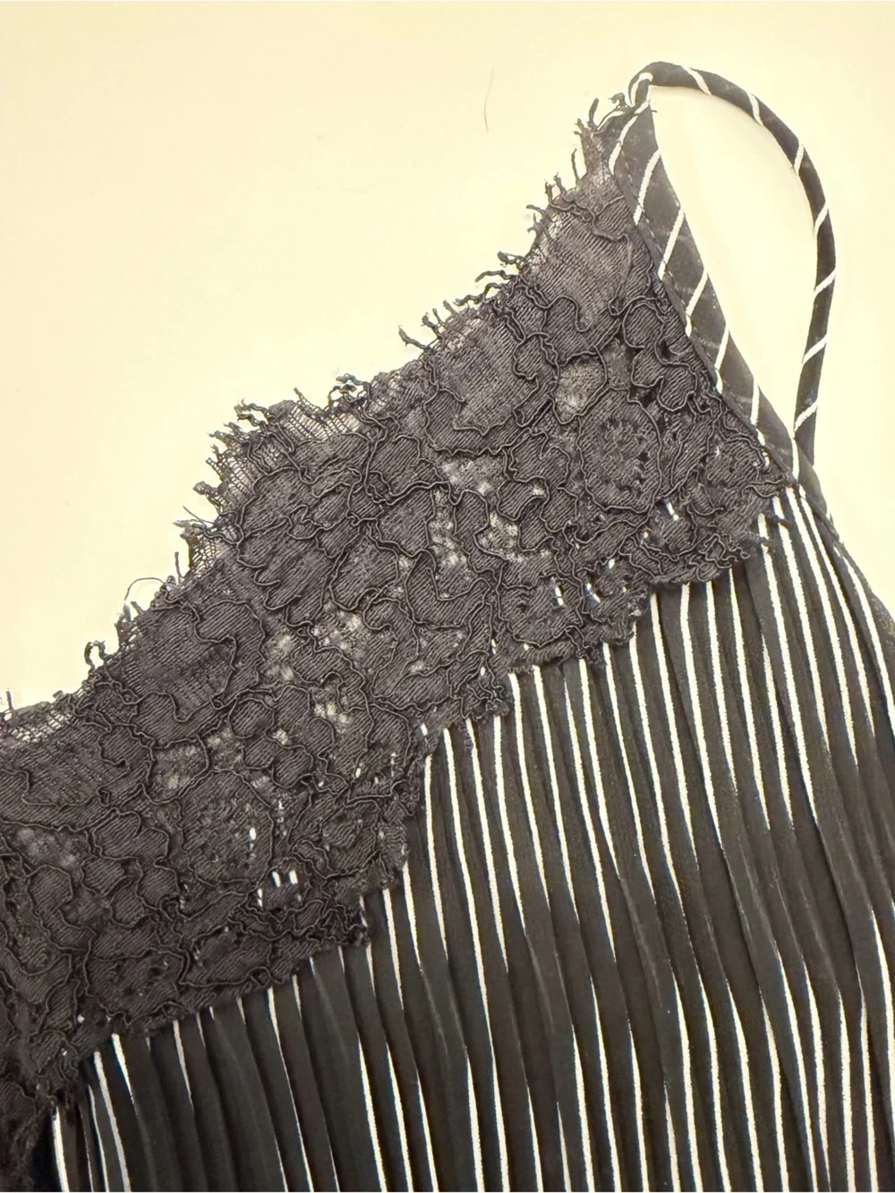 Black Tape Pinstripe Micro Pleat Cami - Black & White Lace Trim - Picture 6 of 10